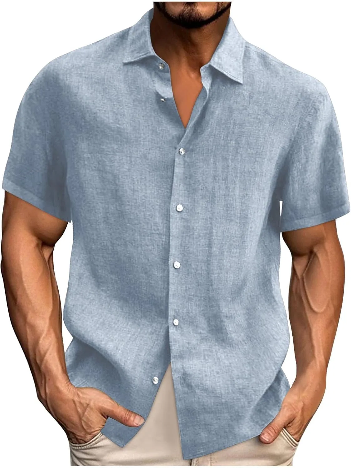 

Мужская рубашка Casual Loose Button Down Lapel Short Sleeve Cotton Linen