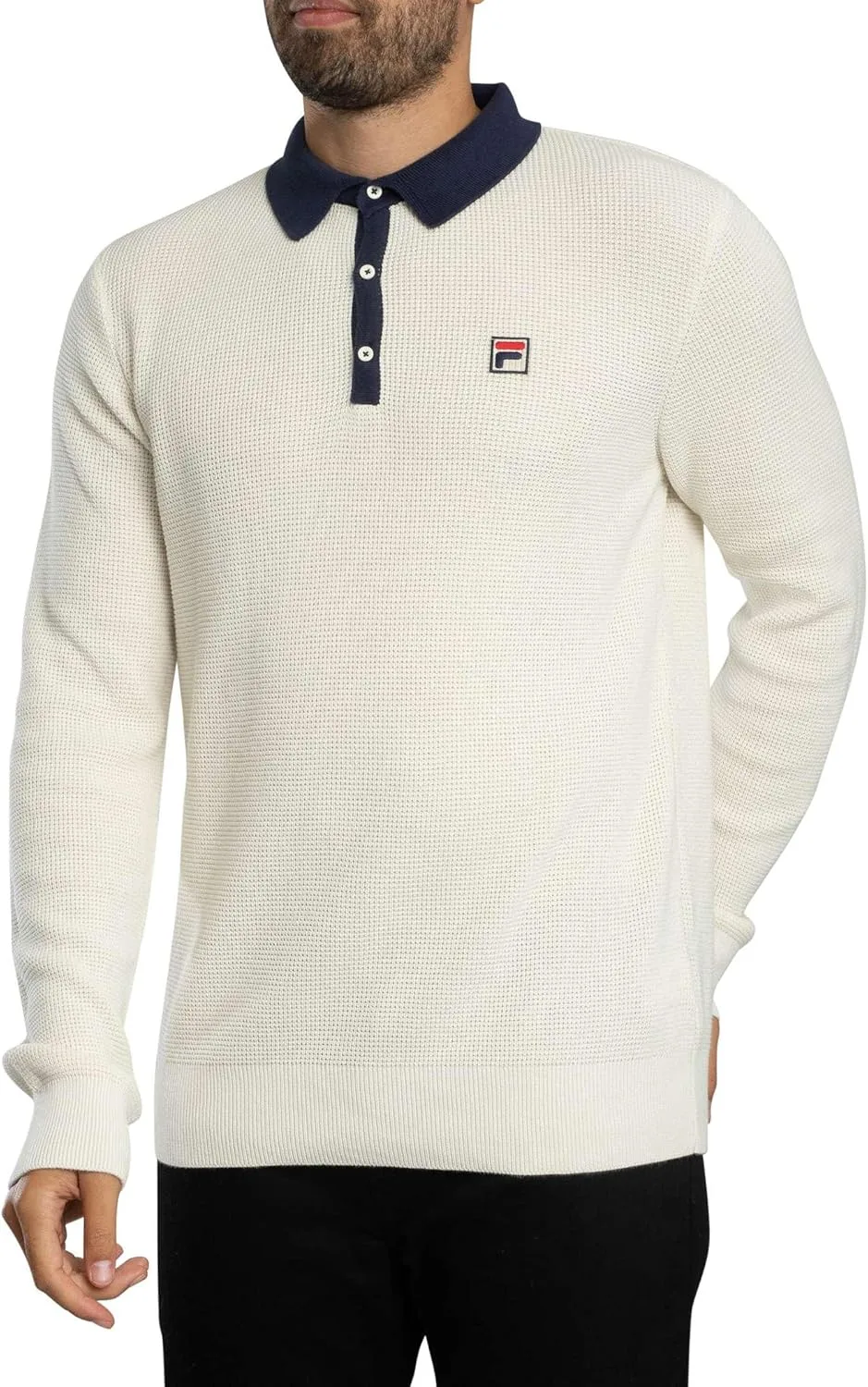 

FILA Nowell Embossed Knit Long Sleeve Polo Shirt Gardenia/Navy