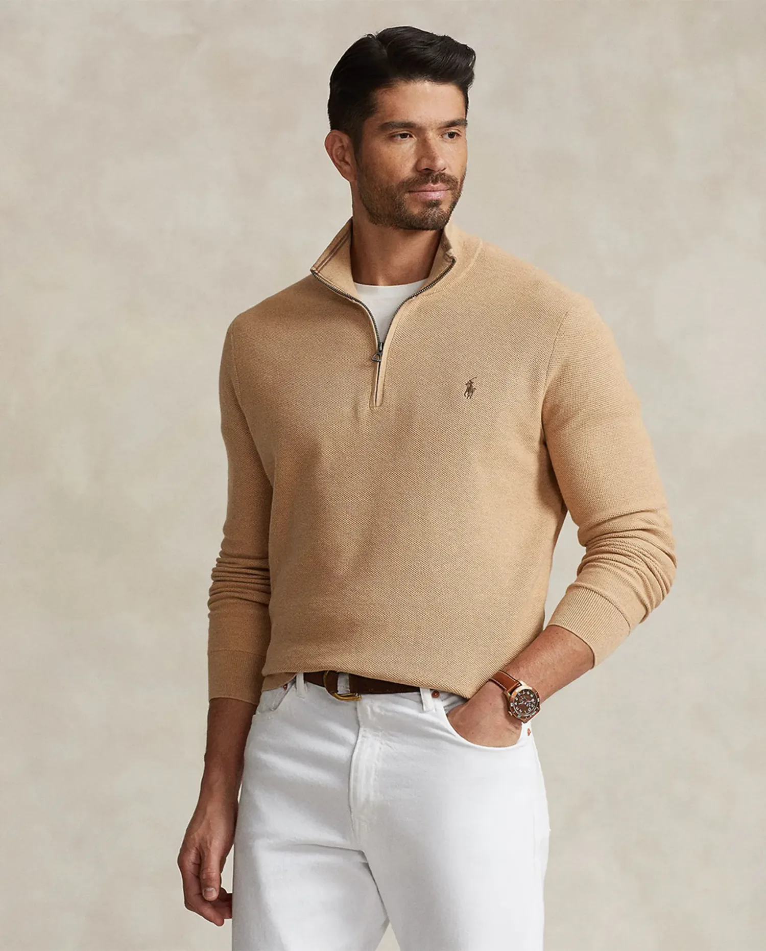 Мужской джемпер из трикотажа пике и хлопка больших размеров Polo Ralph Lauren, бежевый