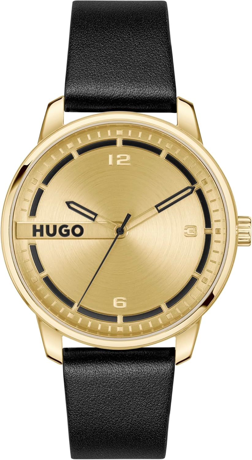 

HUGO #Stamp мужские часы 3H Quartz, нержавеющая сталь, водонепроницаемость до 3ATM/30 метров - классический и современный минималистичный хронометр - подарок для него, 42mm, Black-Gold