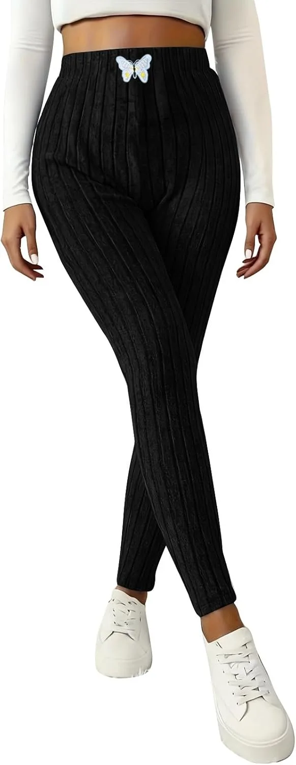 Черные леггинсы Women Stretchy High Waist Ribbed Knit Bow Casual Pants — фото 2