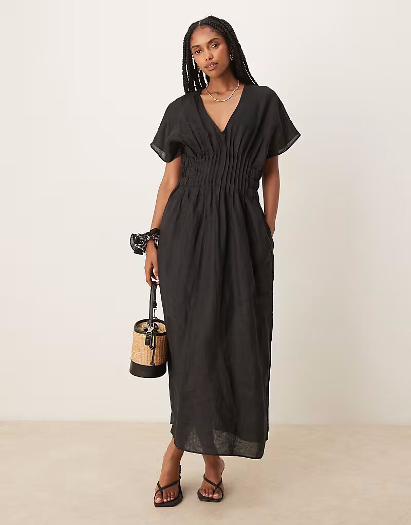 

Платье мидакси Mango из смеси льна и рами с драпировкой на рукавах, с плиссировкой на талии и разрезом по бокам черного цвета