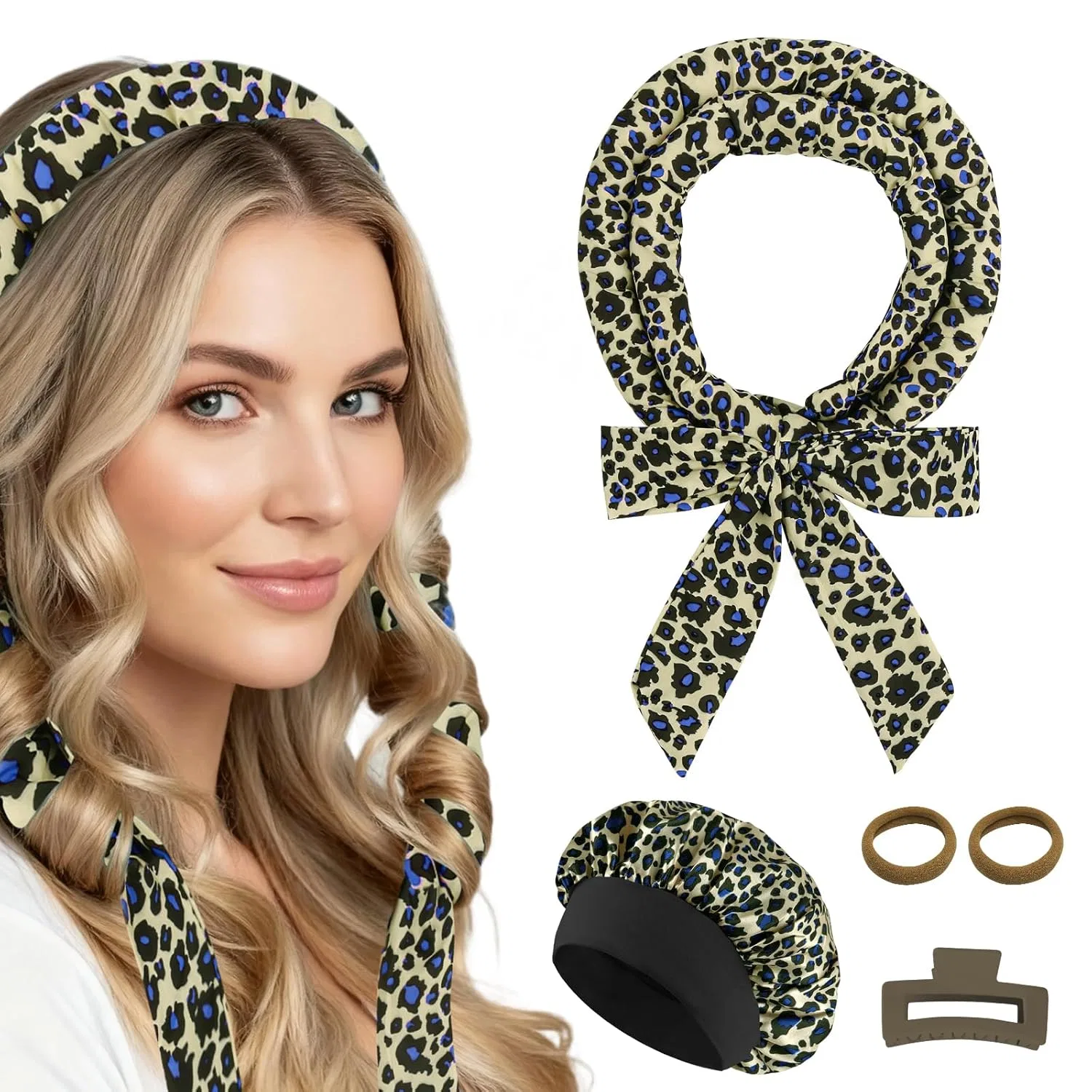 Атласные бигуди для завивки без нагрева с леопардовым принтом Baolivi, Blue-Leopard-5Pcs
