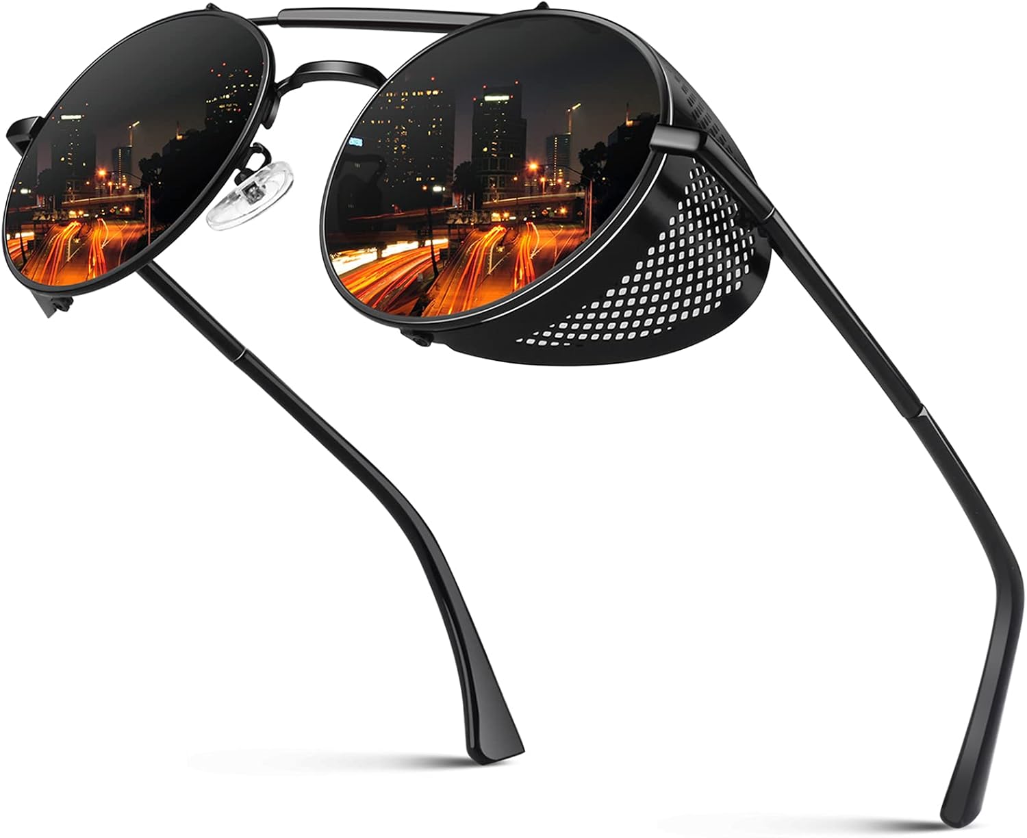 

Солнцезащитные очки CGID в стиле ретро-стимпанк, круглые, поляризованные, для мужчин и женщин, с металлическими боковыми щитками, защита от УФ-излучения UV400, Black Frame / Grey Lens