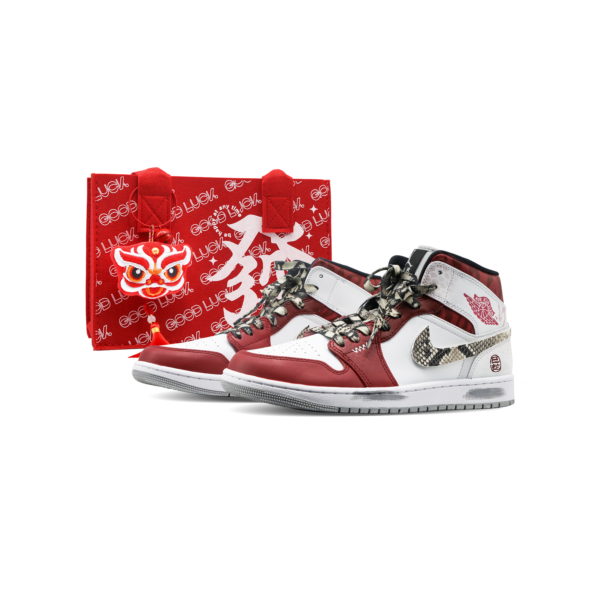 

Jordan Баскетбольные кроссовки Air 1 Mid "Milk Snake" с изображением змеи в цвете "китайский год" среднего размера, винтажные, мужские, красные, белые