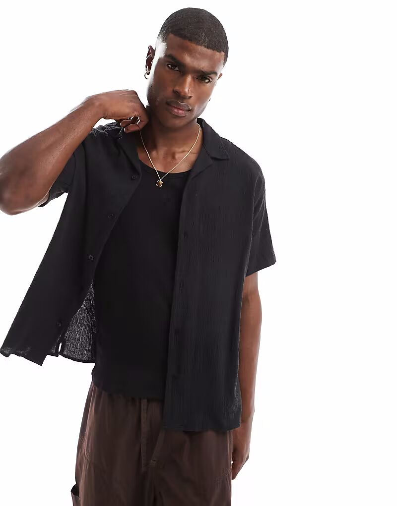 

Рубашка Jack & Jones Revere с воротником-стойкой и мятой текстурой черного цвета