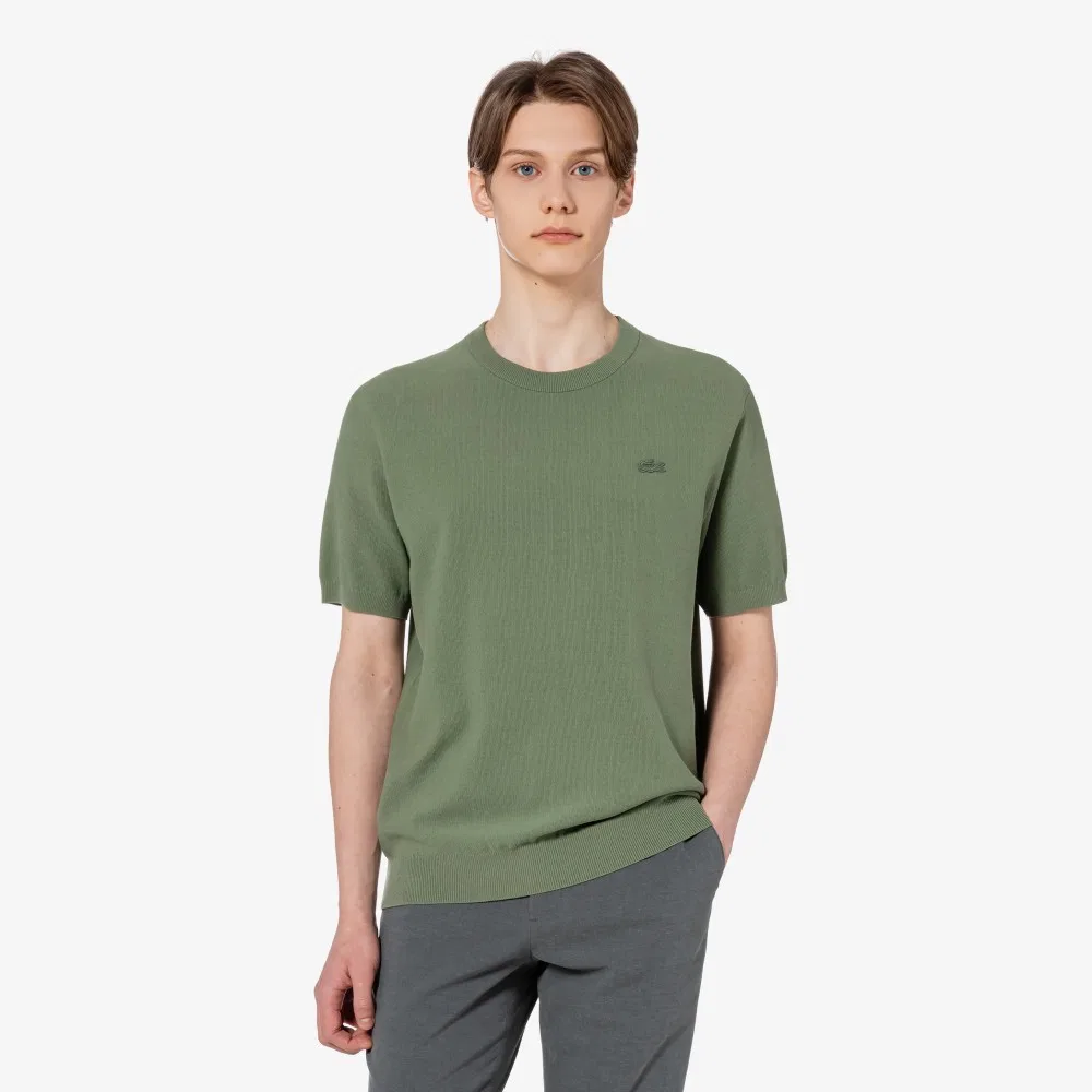 Мужской однотонный хлопковый джемпер с коротким рукавом, хаки, от Lacoste