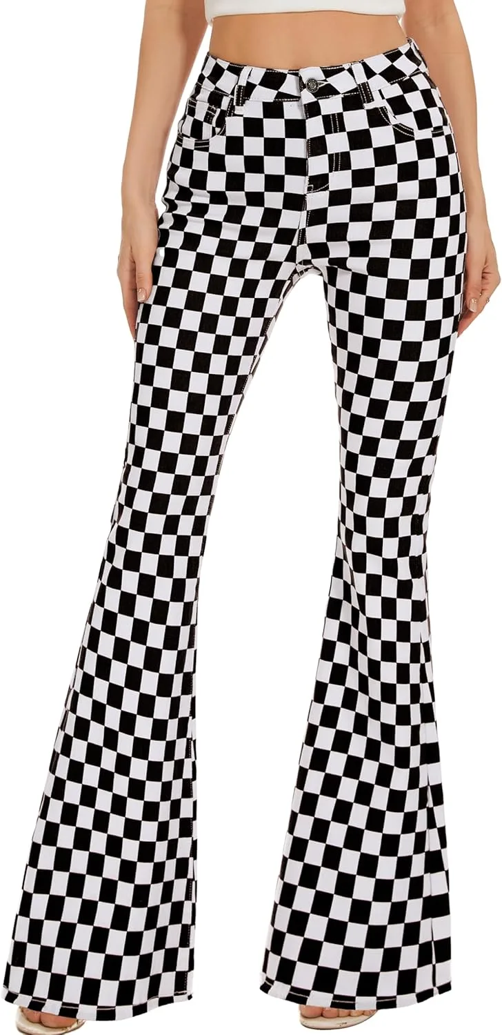 

Женские джинсы Bell Bottom High Waisted Stretch с клетчатым принтом Odefou