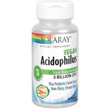 

Штамм Acidophilus 3 Пробиотик и пребиотик Морковный сок 30 растительных капсул 3 миллиарда КОЕ, Solaray