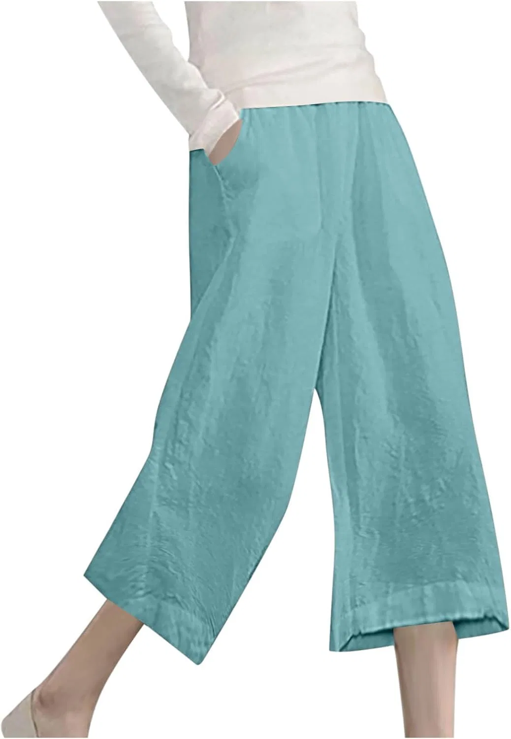 Льняные брюки Women 2026 Wide Leg Capri с карманами, летние, с эластичным поясом, модные укороченные Generic, светло-голубой — фото 2