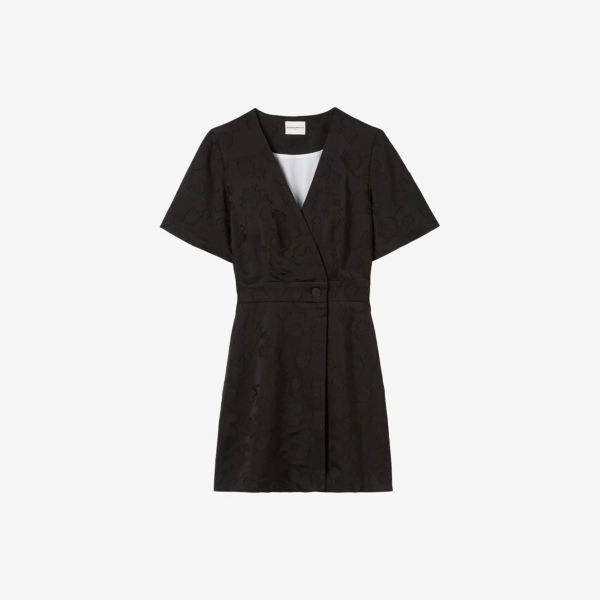 

Мини-платье с запахом, коротким рукавом и жаккардовым узором Claudie Pierlot, черный