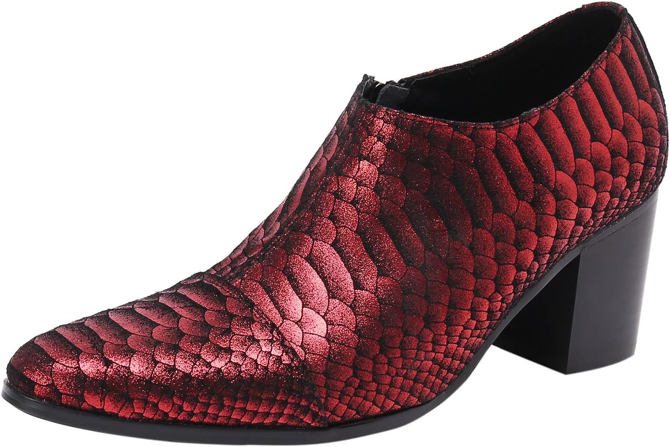 

Мужские лоферы Santimon из натуральной кожи без шнурков с металлической текстурой «чешуя» - модель «Драконья кожа», формальные туфли-лоферы на каблуке для сцены, выпускного, косплея, красный