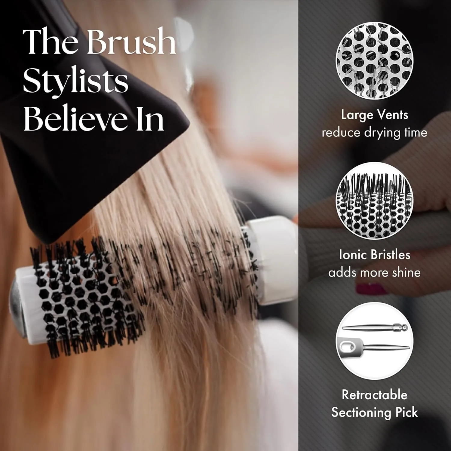 Термощетка для укладки волос Olivia Garden Ceramic + Ion Round Thermal Hair Brush - не электрическая - профессиональная щетка для нормальных и густых волос. 8,9 см, White/Grey — фото 4