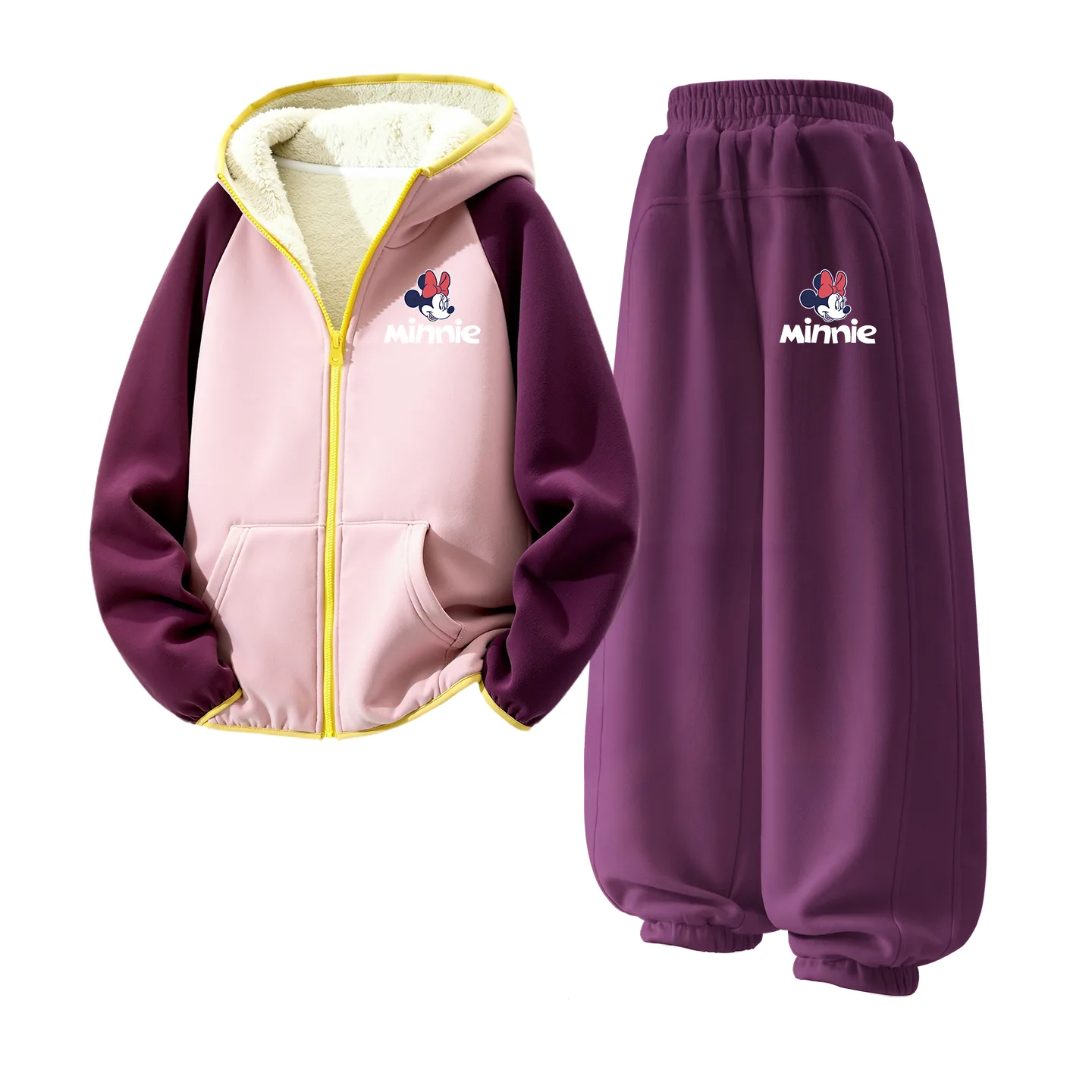 Детский спортивный костюм с круглым вырезом Disney, [Thickened and Fleece-Lined]Di Balloons K Dark Pink+Di Balloons K Light Heather Gray — фото 3