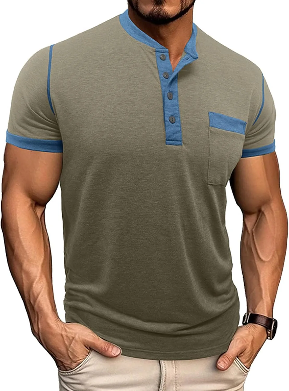 

Мужская хлопковая футболка-хенли с коротким рукавом и карманом