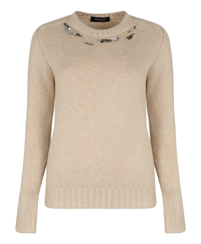 

Вязаный свитер с круглым вырезом, украшенный кристаллами. Fabiana Filippi, бежевый