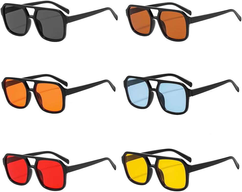 

6 штук ретро-солнцезащитных очков-авиаторов в стиле 70-х годов, квадратной формы, для женщин и мужчин, винтажные, с плоской оправой, классические прямоугольные солнцезащитные очки ISIUINN, Black+yellow+red+brown+blue+orange