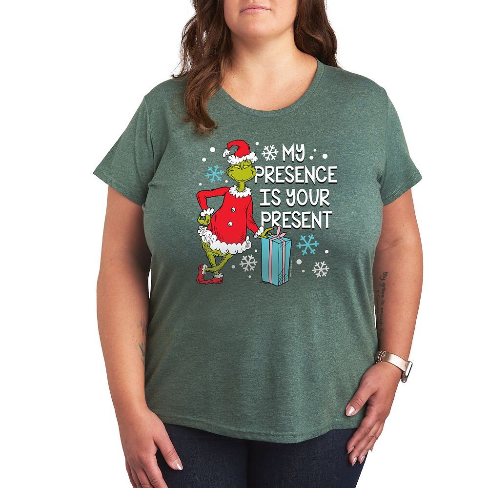 

Плюс футболка с рисунком Dr. Seuss The Grinch Presence Present Licensed Character, цвет Heather Green