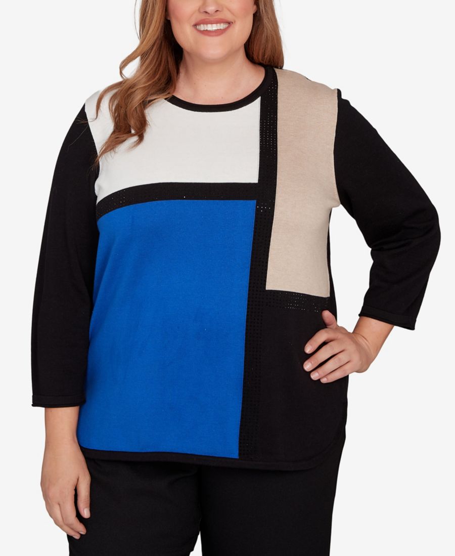 

Классический свитер с длинными рукавами в стиле колор-блок больших размеров Alfred Dunner, Cobalt Blue