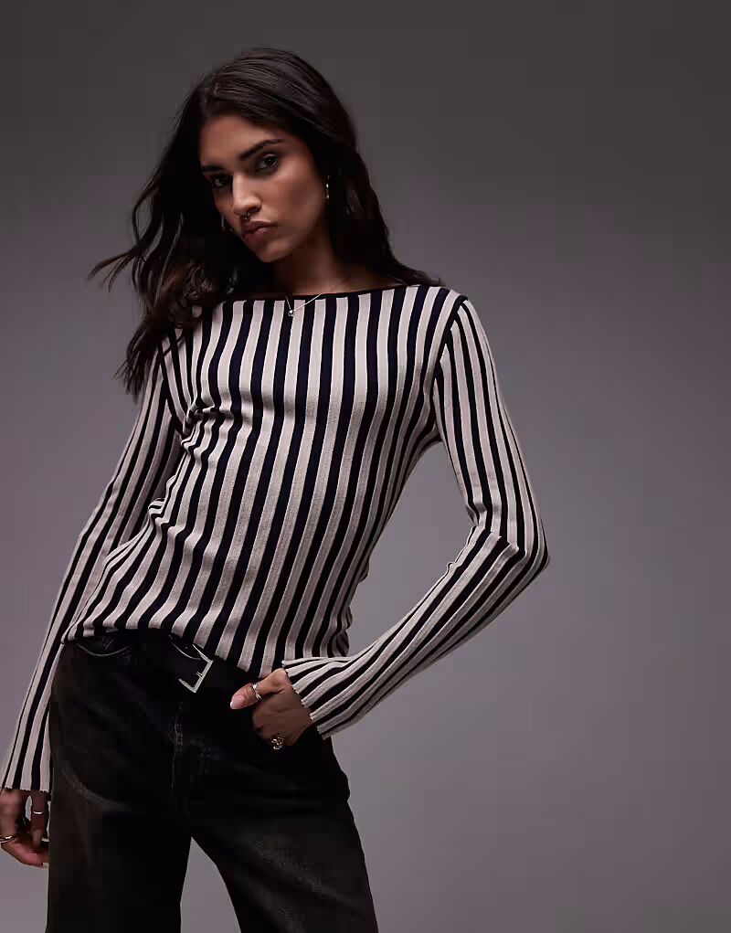 

Вязаный топ Topshop с косым вырезом и полосками, монохром
