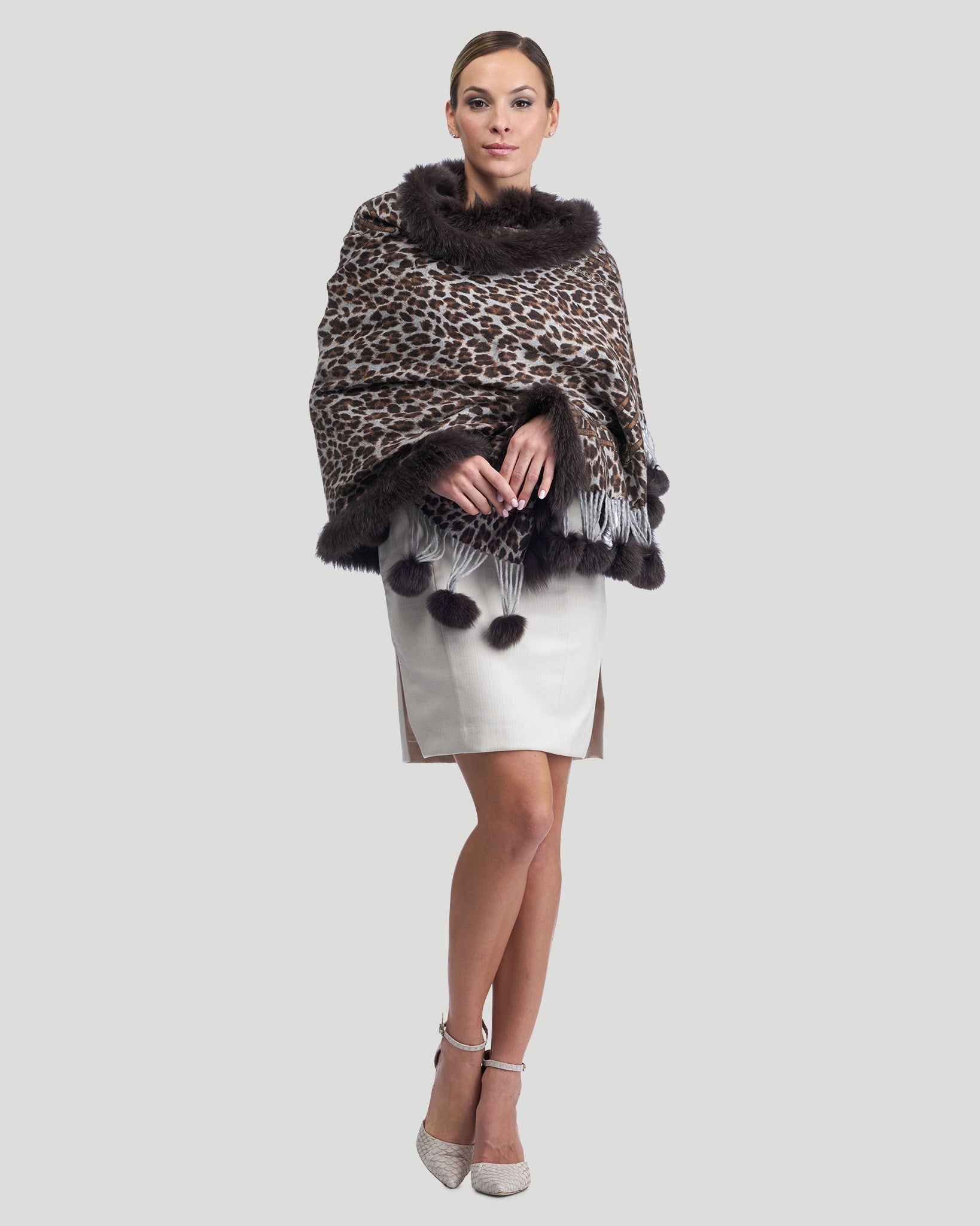 

Двусторонний кашемировый палантин с отделкой из лисьего меха Gorski, цвет brown animal print/houndstooth