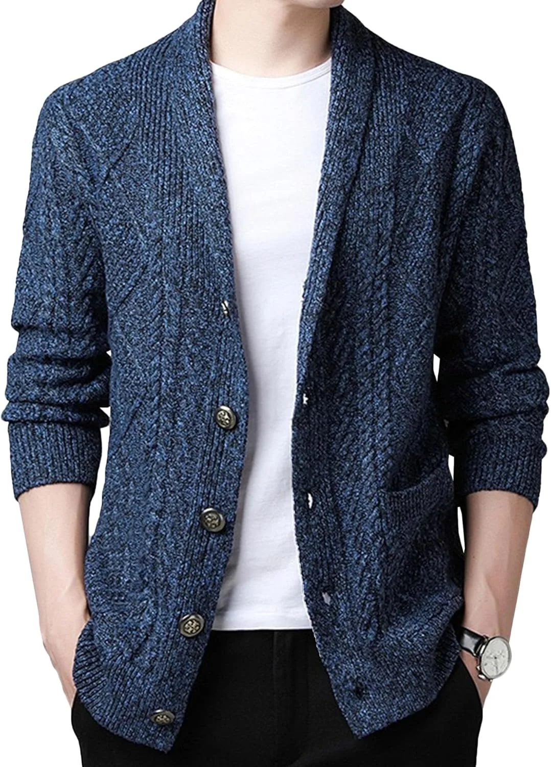 

Мужской кардиган с шальным воротником на пуговицах, шерстяной микс, однотонный JEShifangjiusu