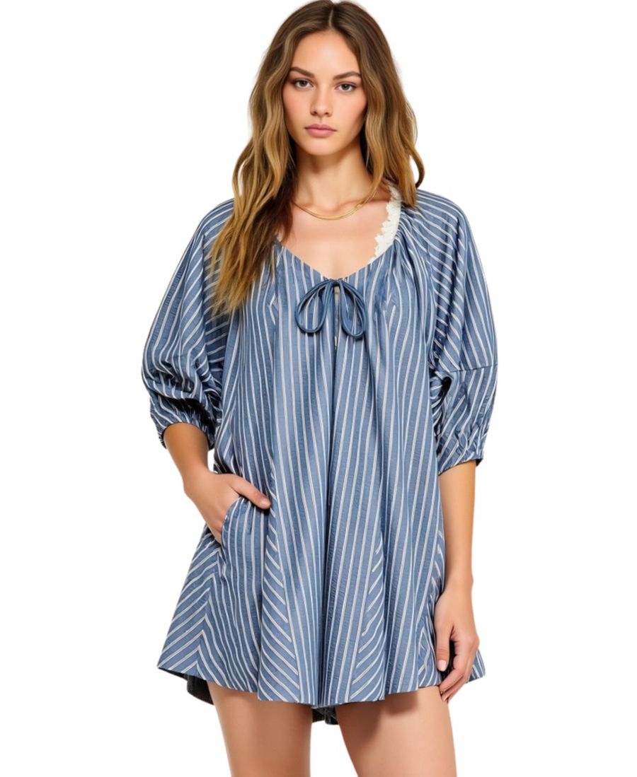 

Женский полосатый комбинезон с V-образным вырезом, завязкой спереди и рукавами 3/4 Modenaire, Blue