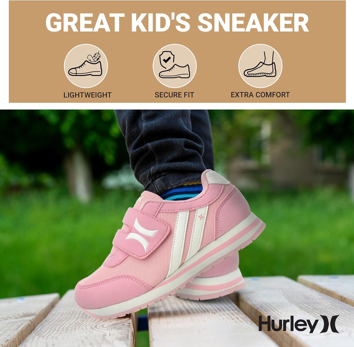 Детские кроссовки Hurley Kid's Knox для ходьбы - детские кроссовки с липучкой для легкого надевания, легкие обувь для бега и ходьбы для мальчиков и девочек, кроссовки для малышей, белый/розовый — фото 3