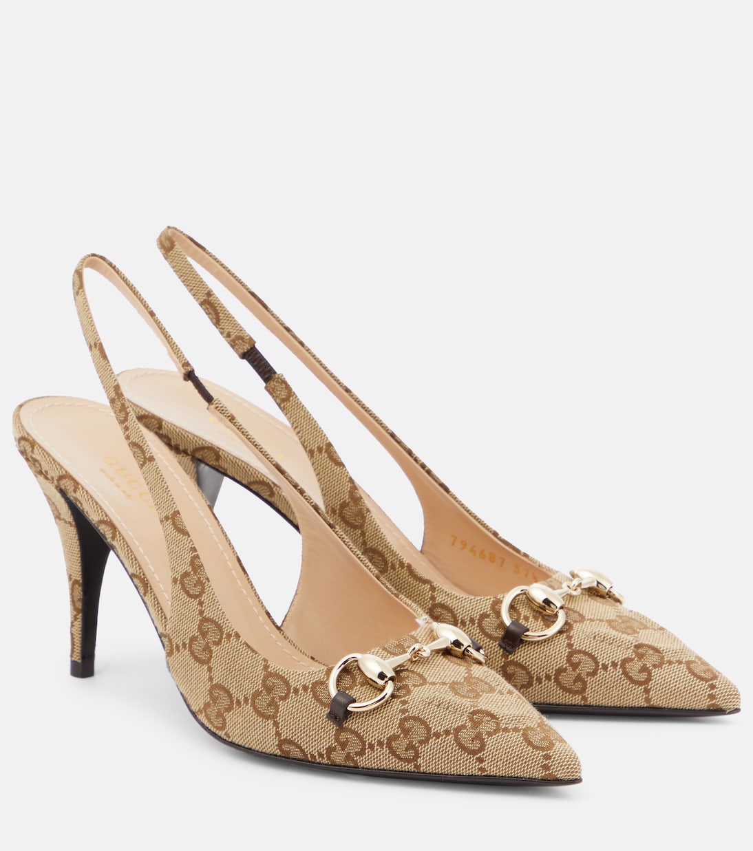 Туфли-лодочки GG Canvas с подковообразной пряжкой на шпильке Gucci, Beige Ebony/ Cocoa