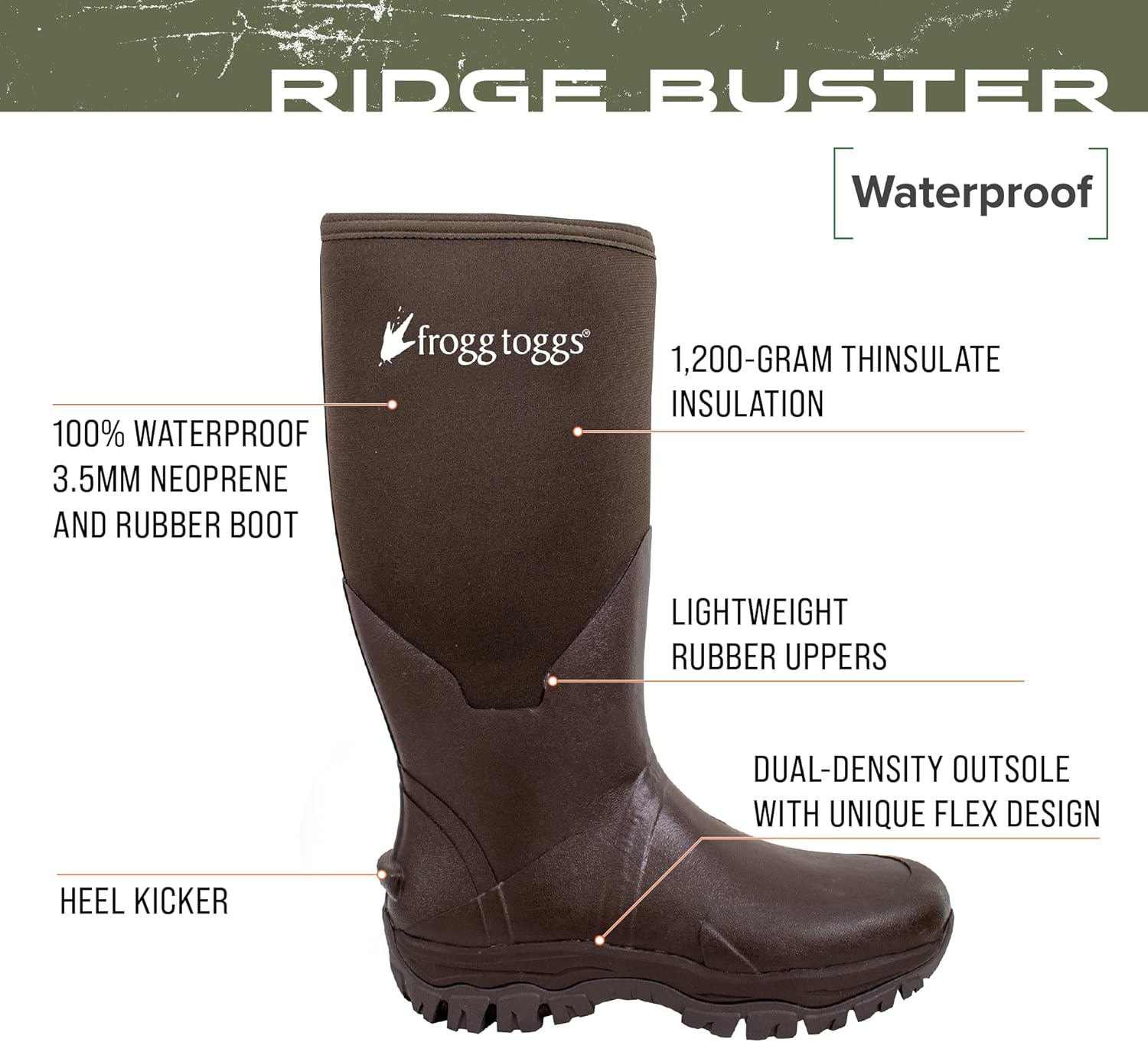 Мужские водонепроницаемые утепленные охотничьи резиновые сапоги FROGG TOGGS Ridge Buster с неопреном и Thinsulate, коричневый — фото 3