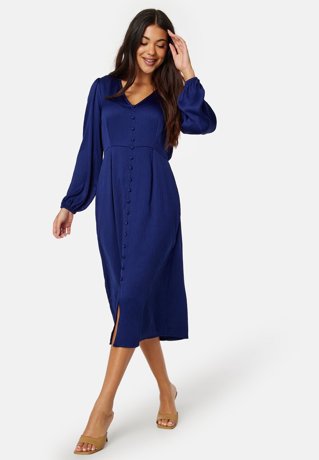 

Платье-рубашка V-Neck Structured Satin Dress Bubbleroom, темно-синее