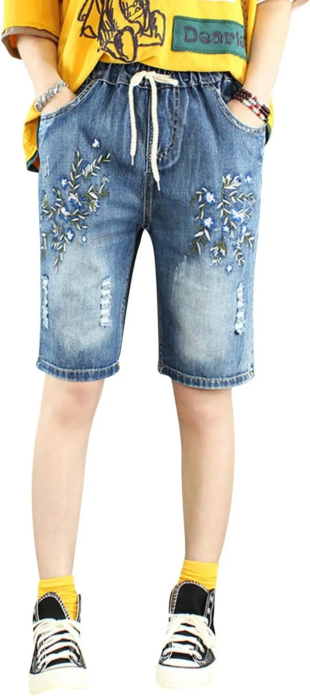 

Женские летние джинсовые шорты-капри с вышивкой цветочным принтом и эластичным поясом Snoly