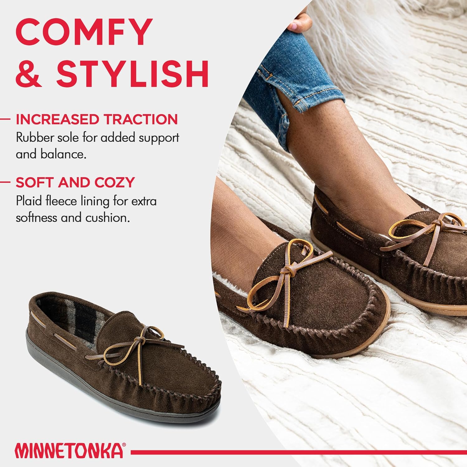 Мокасины Minnetonka для мужчин с твердой подошвой и флисовой подкладкой в клетку, шоколадный — фото 4