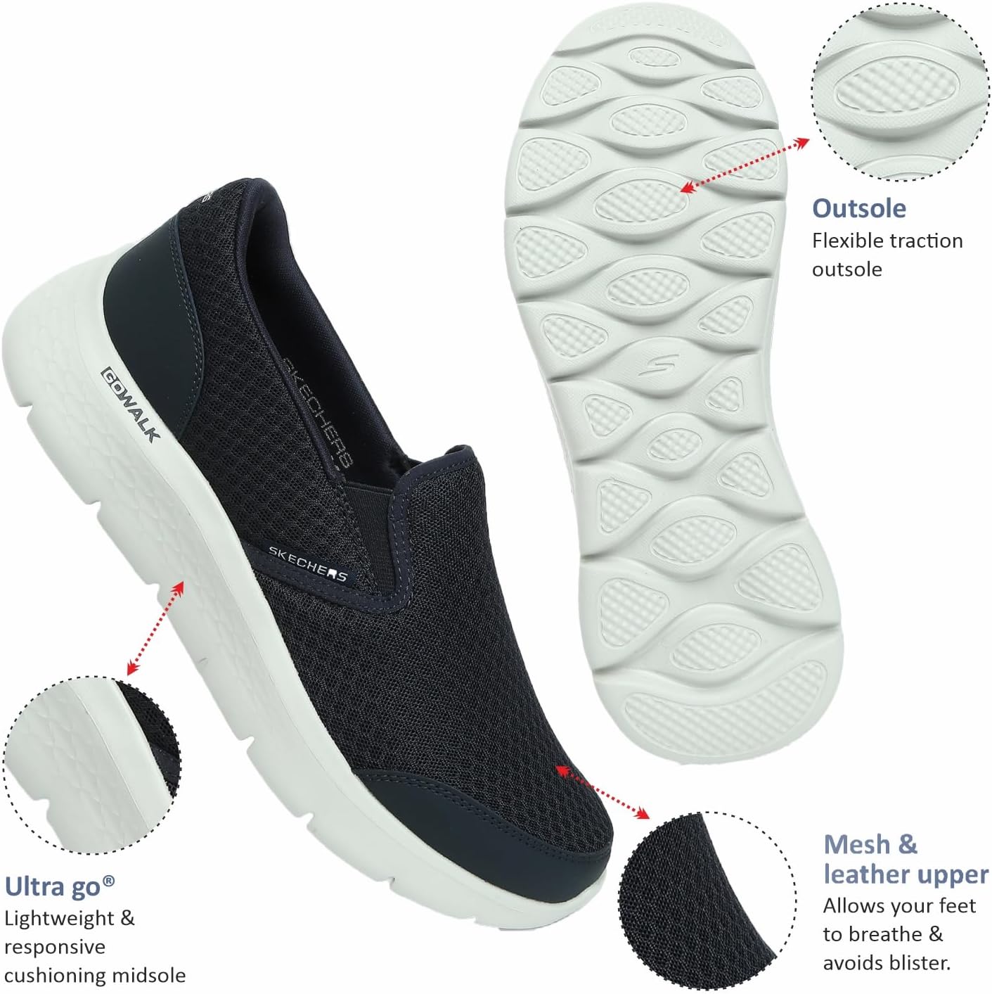 Мужские кроссовки Skechers GoWalk Flex - спортивные слипоны для прогулок с амортизирующей подошвой с воздушным охлаждением, синий/серый/темно-синий — фото 4
