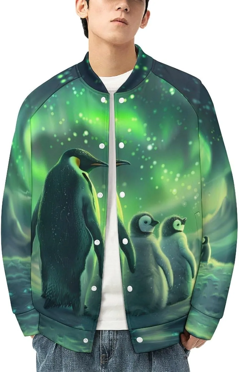 Generic Куртка-бомбер Green Aurora Borealis Penguin мужская легкая бейсбольная куртка-варенка — фото 3