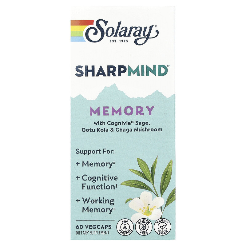

Solaray, Sharpmind Memory с шалфеем Cognivia, готу кола и грибами чага, 60 вегетарианских капсул