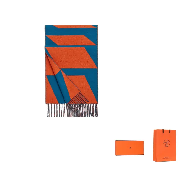 

HERMES Кашемировый вязаный шарф женский синий алый, Blue, Vermilion