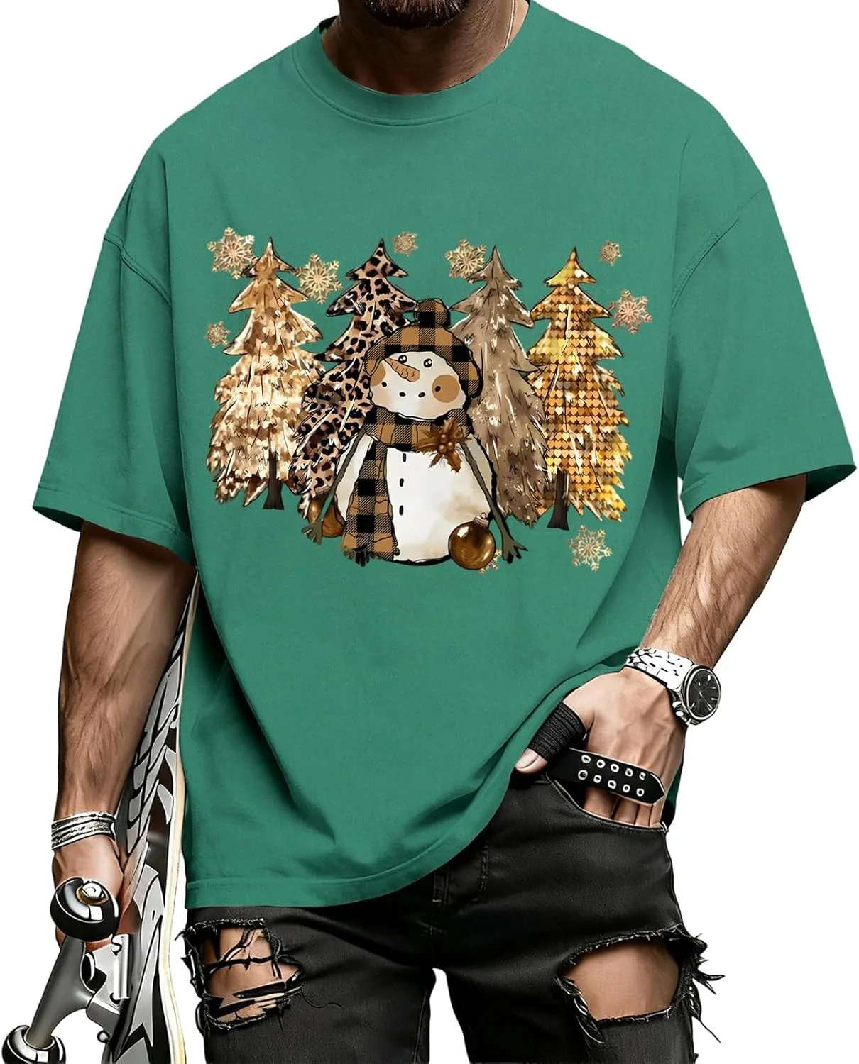 

Рождественская футболка для мужчин, Oversized Snowman, Casual Cotton Tee