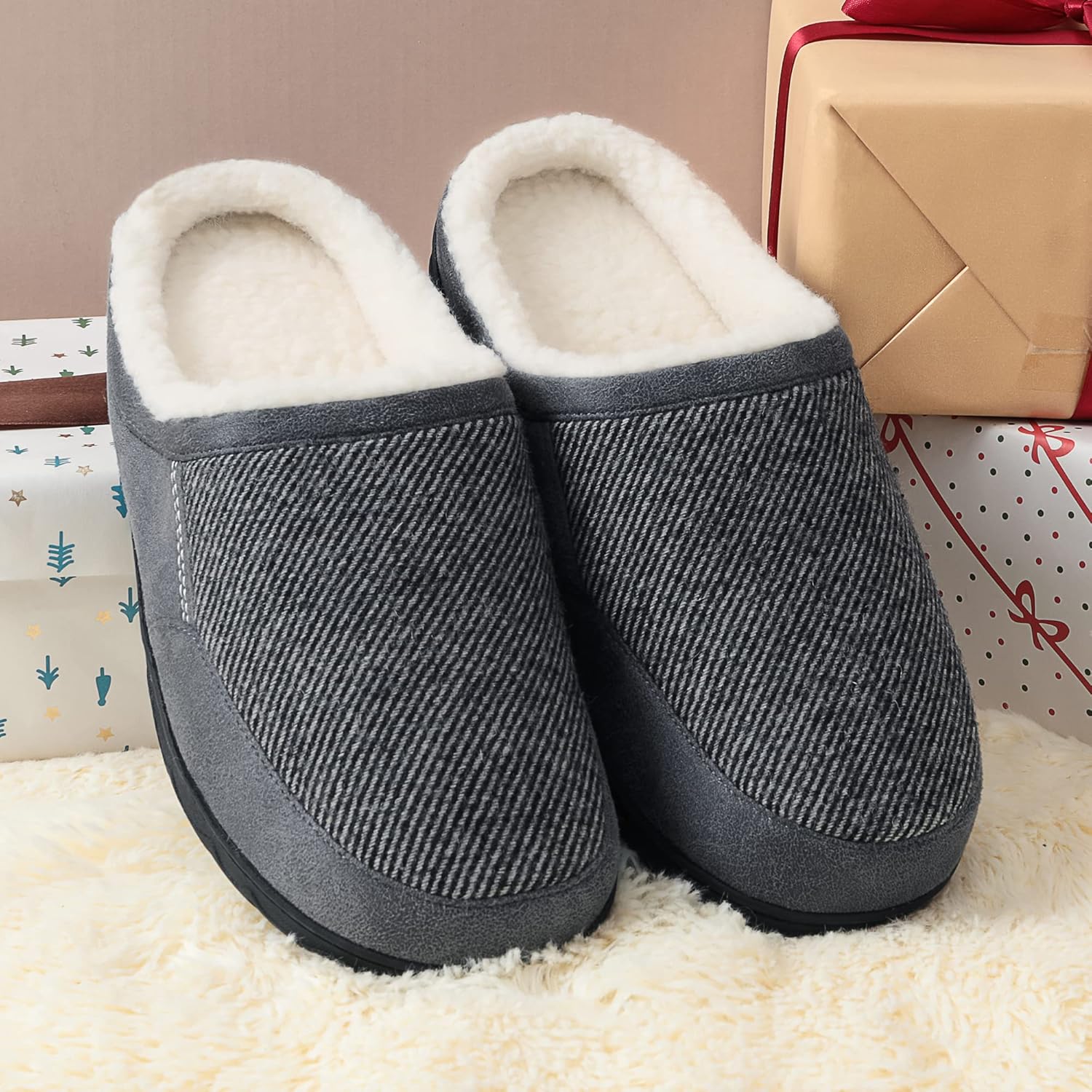 Мужские уютные тапочки DREAM PAIRS с ортопедической подошвой и мягкой плюшевой подкладкой, удобные для дома и улицы, можно стирать, светло-серый — фото 4