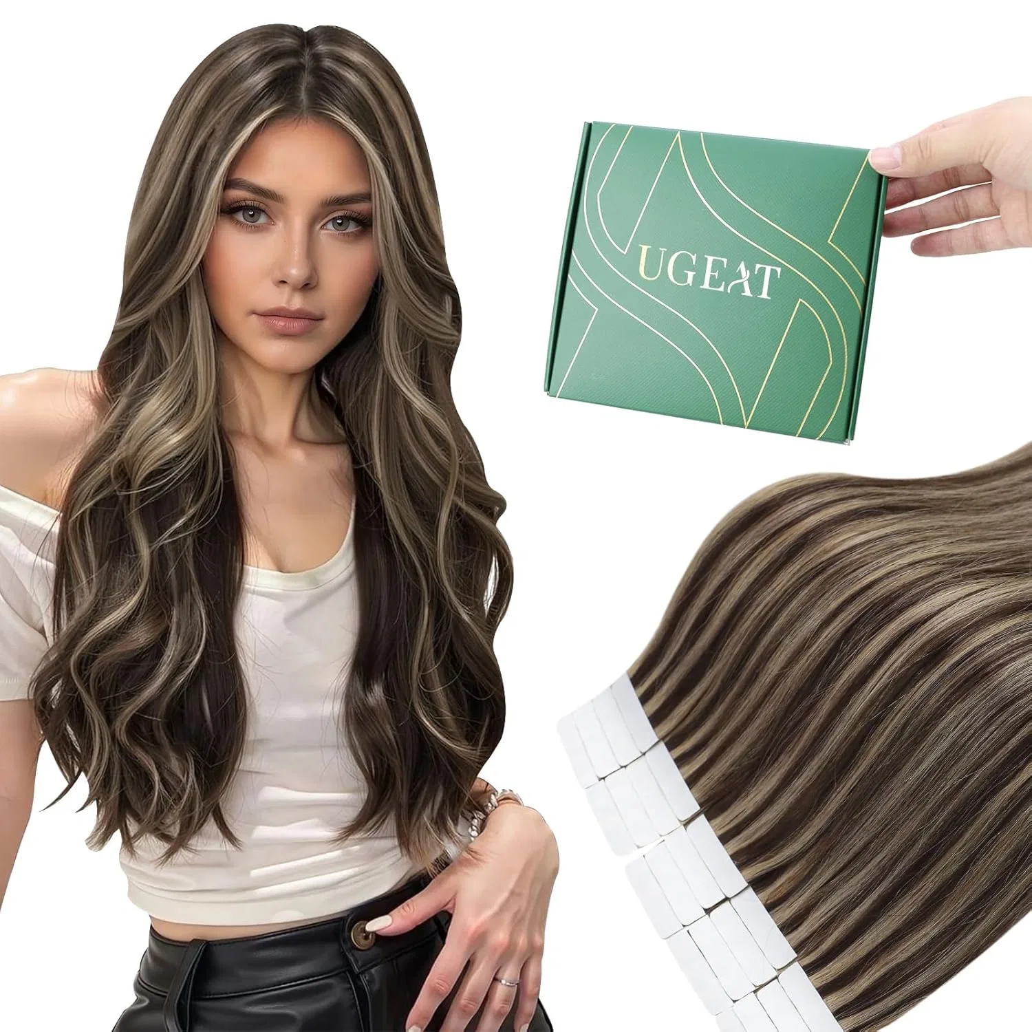 Ленточные накладные волосы Ugeat Real Hair, 35 см, темно-коричневые с карамельными прядями Ugeat