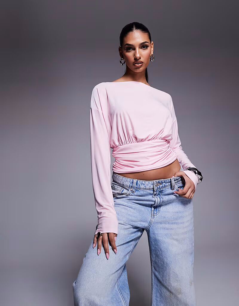 

Асимметричный топ ASOS DESIGN на одно плечо с длинными рукавами и поясом на талии нежно-розового цвета