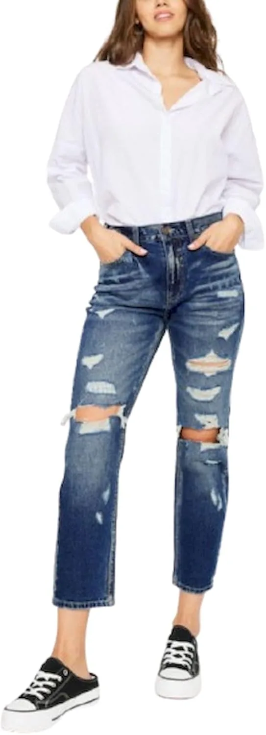 

Женские повседневные джинсы Mom с потертостями и разрывами на коленях, высокий подъем, свободный крой Yanhoo