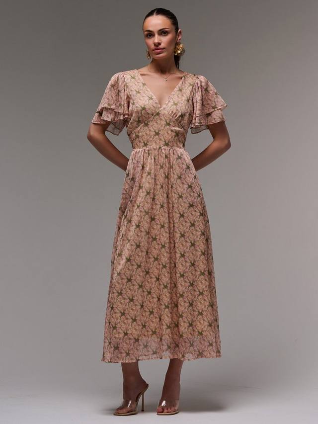 

Многослойное платье макси из шифона с рукавами-крыльями в цветочном принте Jolie Moi, Green Floral