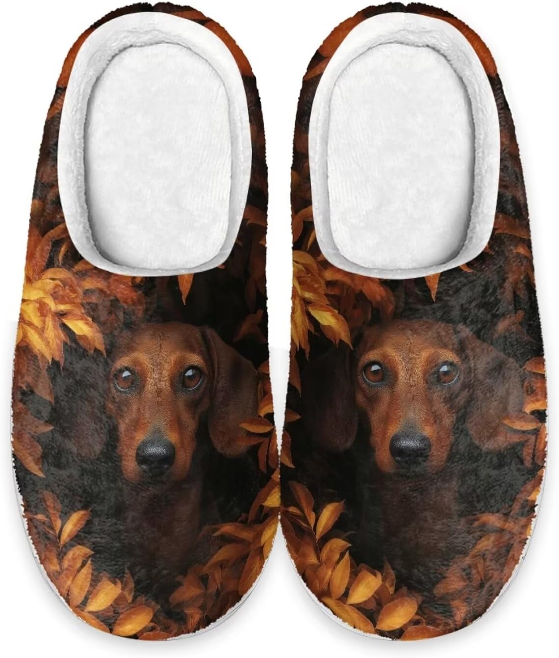 

Xoenoiee Мужские и женские теплые пушистые тапочки для спальни, домашние тапочки, противоскользящие зимние домашние тапочки, Dachshund Dog Fall Leaf