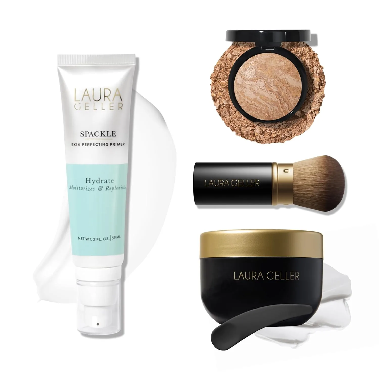 Очищающее средство LAURA GELLER Cold Cream + тональная основа Balance-n-Brighten, Medium + праймер Spackle Hydrate + кисть Airbrush Kabuki Brush, Beige, Nude