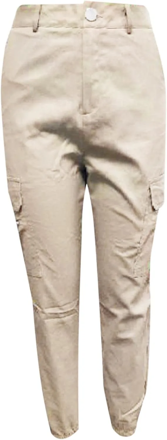Женские брюки Mid Waist Skinny Casual Jogger Motorcycle Cargo с зауженным кроем, эластичные, с клапанами на карманах Generic, хаки — фото 3
