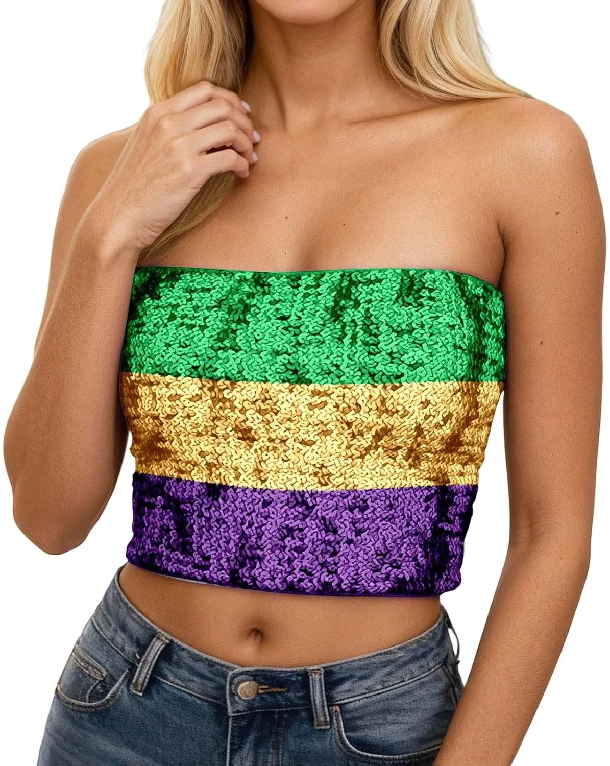 

Кроп-топ с пайетками для женщин, бесшовный топ-бандо с металлическим блеском