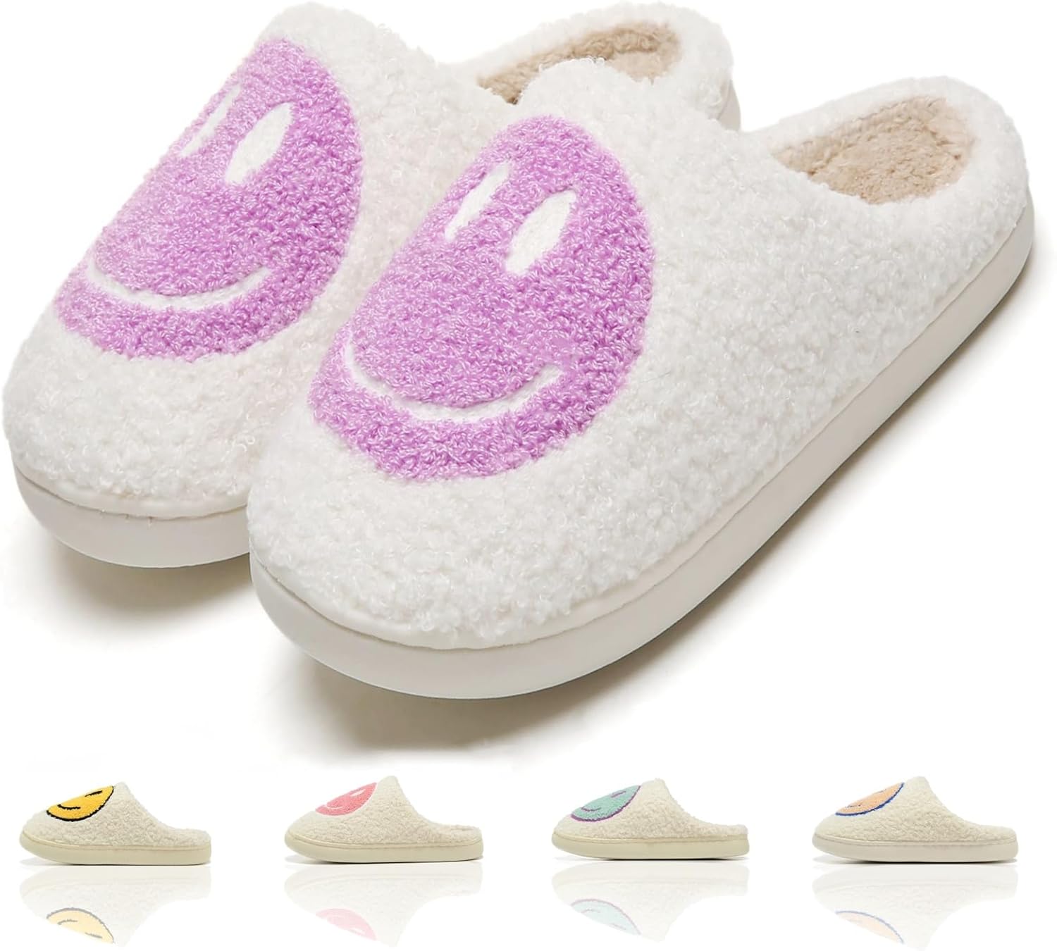 

KNUAKA милые домашние тапочки для женщин и мужчин с ортопедической подошвой, ретро с улыбающимся лицом, уютные, для дома и улицы, мягкие плюшевые shoes, фиолетовый