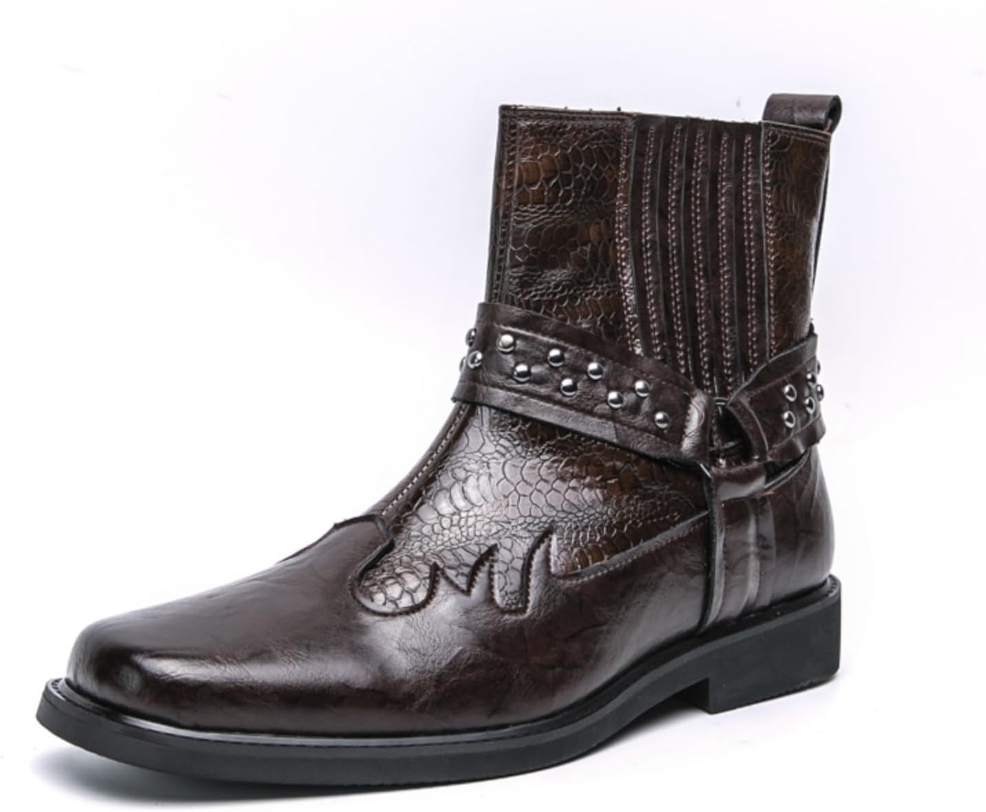 

Мужские ботинки-казаки Kelibasi из кожи с текстурой под аллигатора - с заклепанным ремешком в западном стиле для повседневной носки, коричневый