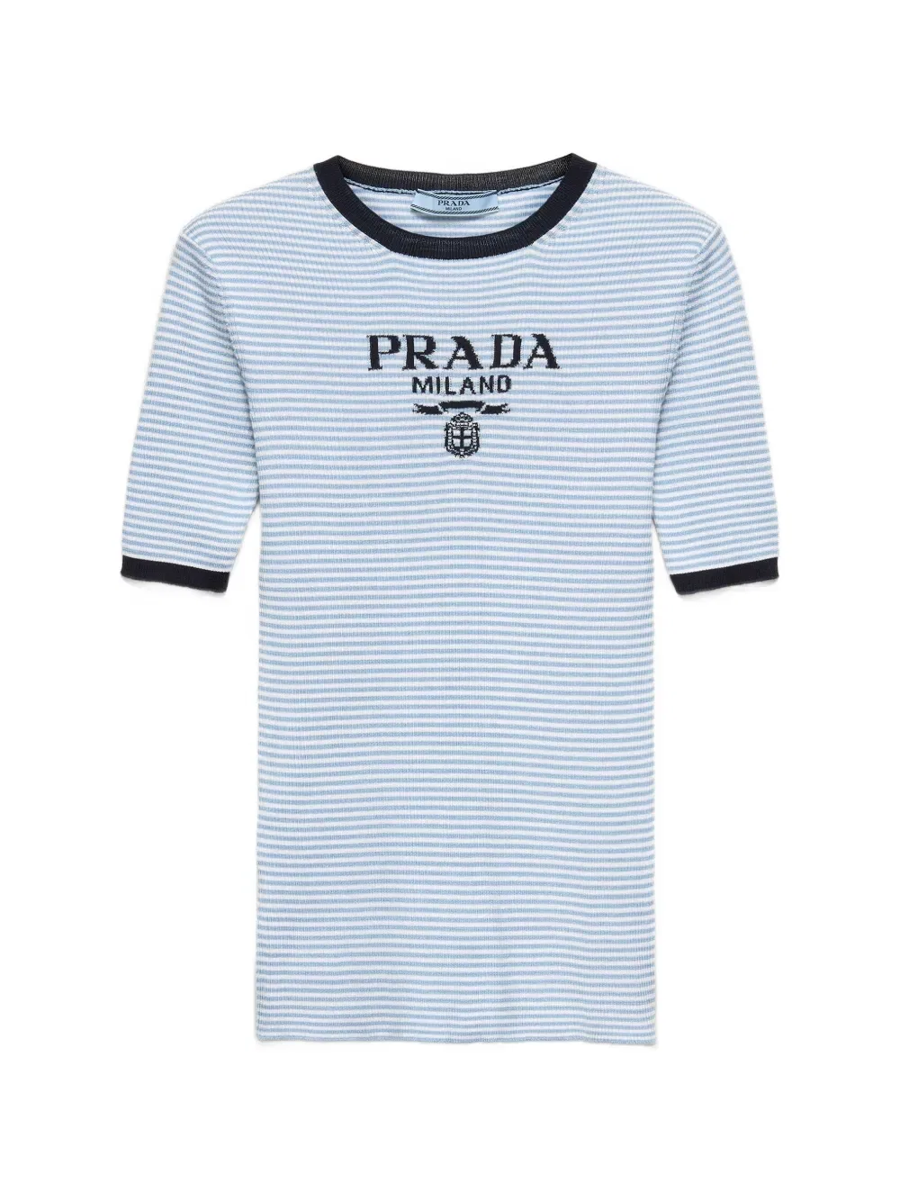 Шелковый свитер в полоску с круглым вырезом Prada, синий